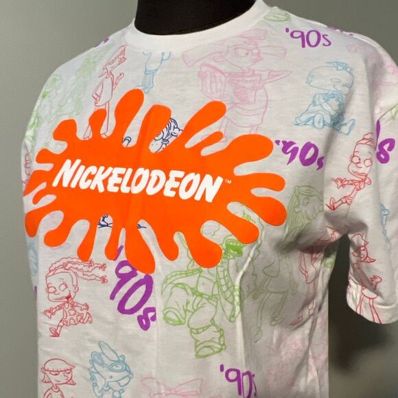 Nickelodeon Women's Multicolor All Over Cartoon Print Cropped Top T-Shirt Small - Picture 2 of 5